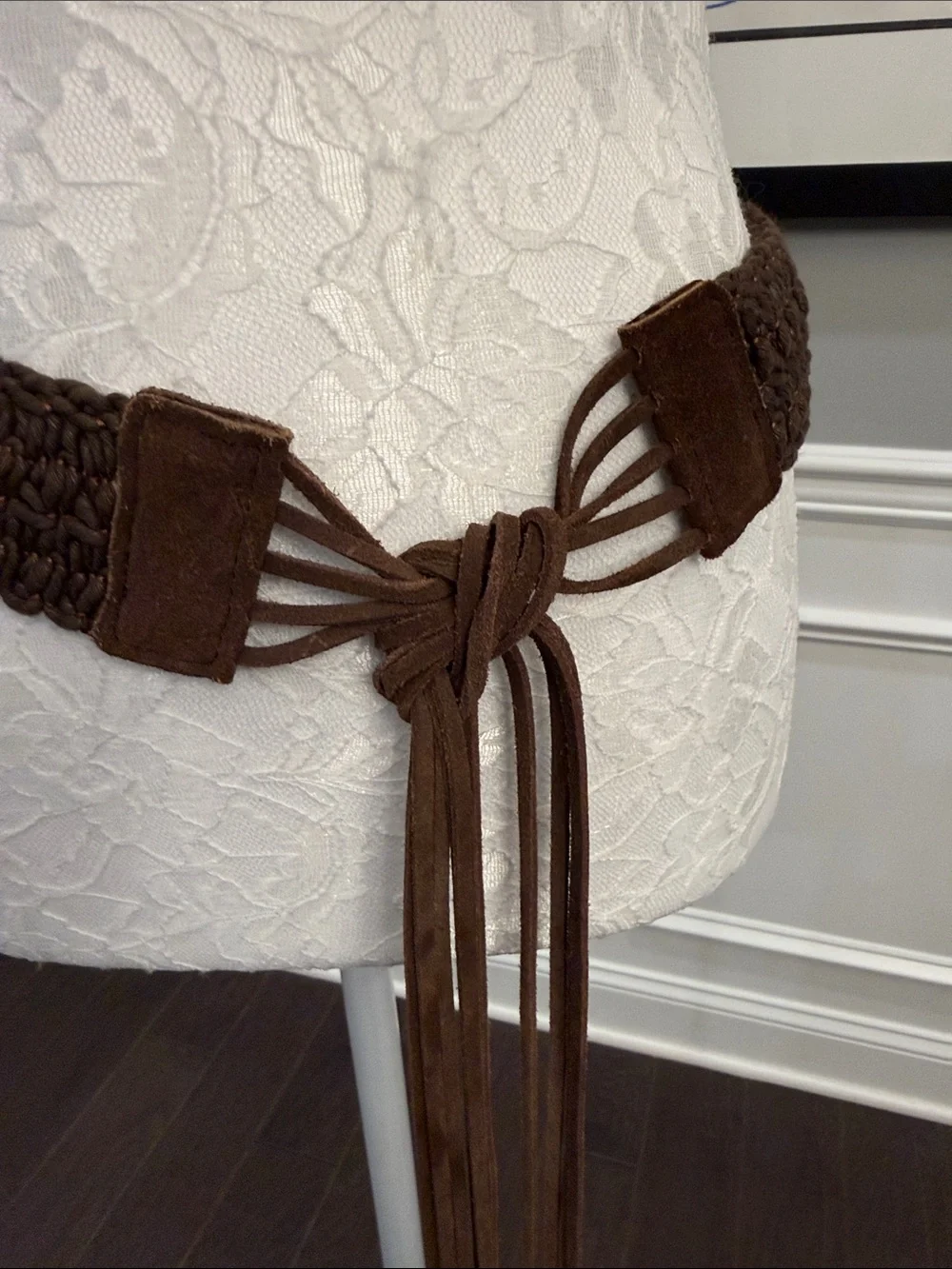 Vintage Boho Brown Genuine Leather Woven Cinch Belt with Suede Tassel Ties